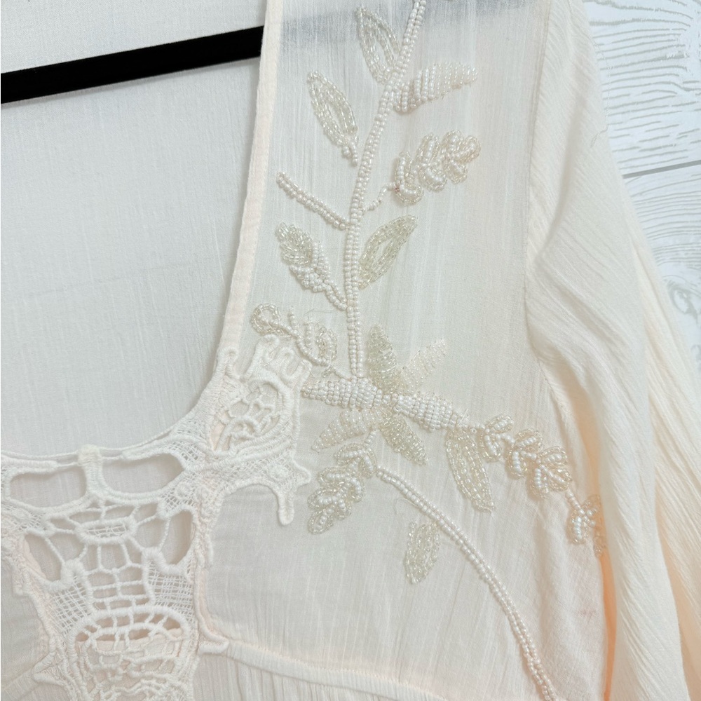 Boston Proper Women’s Rayon Cream 3.4” Sleeve Lace & Beaded Boho Top. Size M - Picture 5 of 9